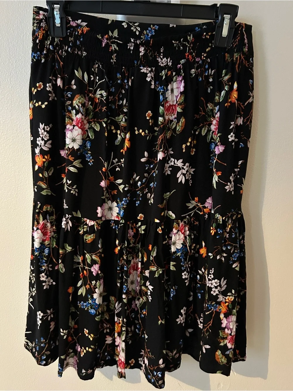 Black Floral Midi Skirt with Ruffle Hem